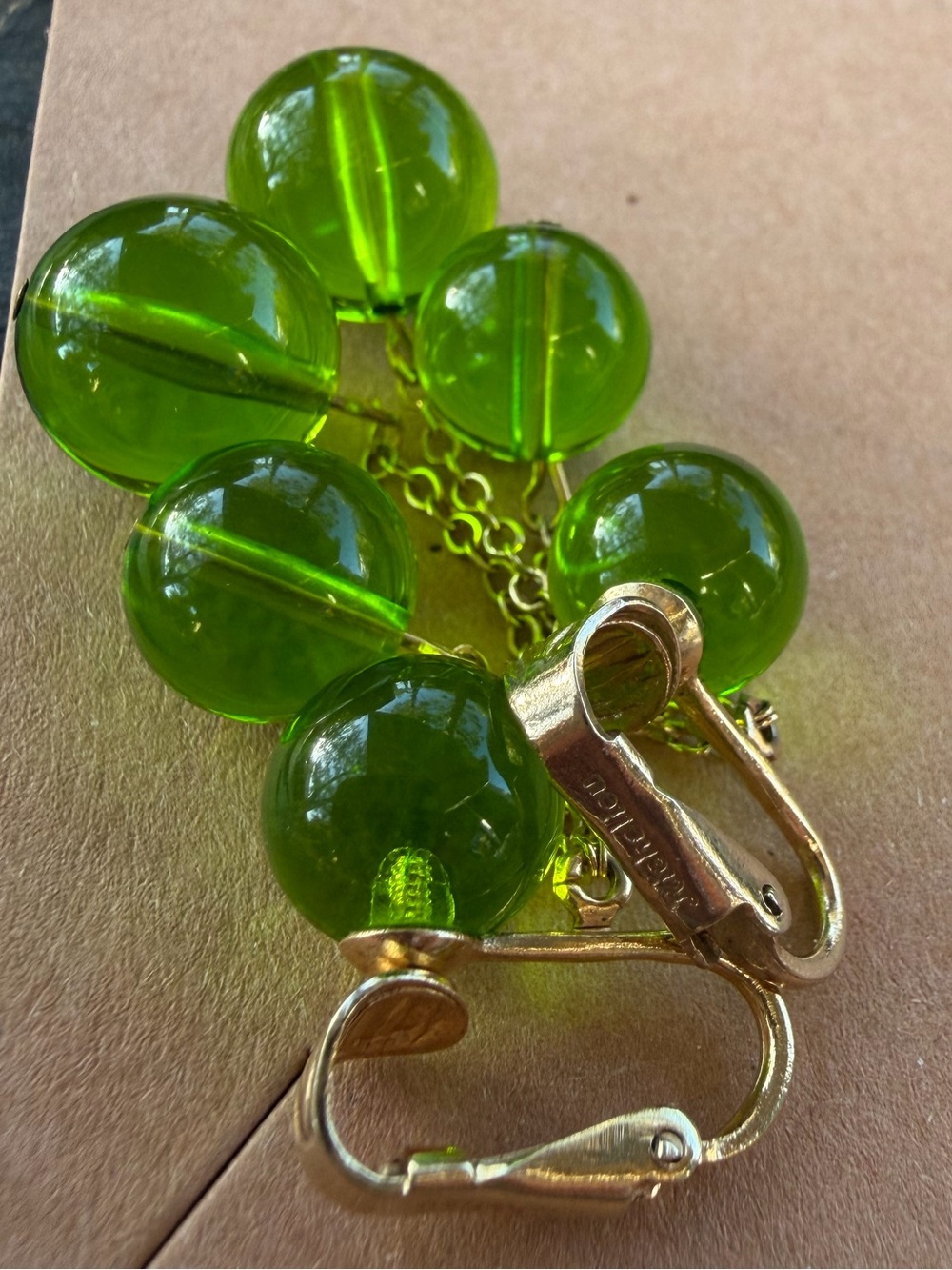 Rare Mystical Green Glass Drop Earrings | Signed Richelieu - Picture 7 of 11